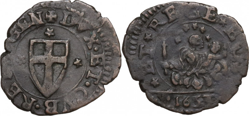 Italy, Genova. Dogi Biennali (1637-1797). Æ 8 Denari 1653 (16mm, 1.10g). Near VF...