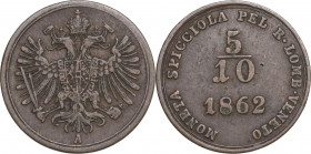 Italy, Kingdom of Lombardy-Venetia. Æ 5/10 Soldo 1862 (17mm, 1.60g). VF