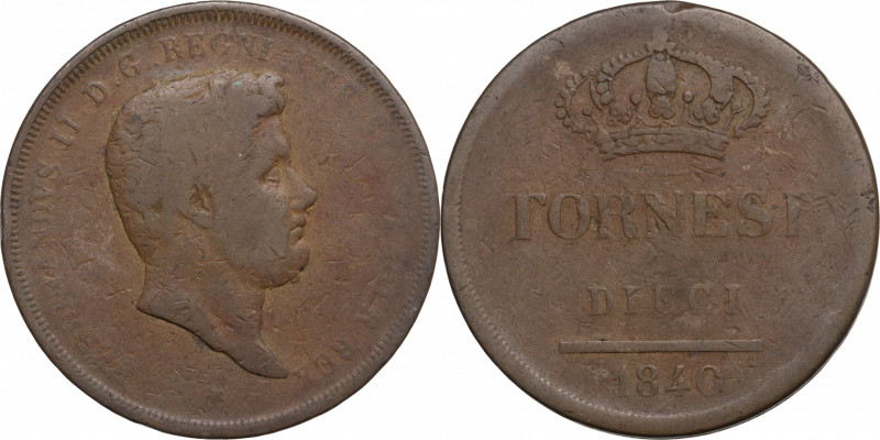 Italy, Napoli. Ferdinando II di Borbone (1830-1859). Æ 10 Tornesi 1840 (37mm, 29...