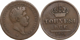 Italy, Napoli. Ferdinando II di Borbone (1830-1859). Æ 2 Tornesi 1851 (24.5mm, 5.90g). Good Fine