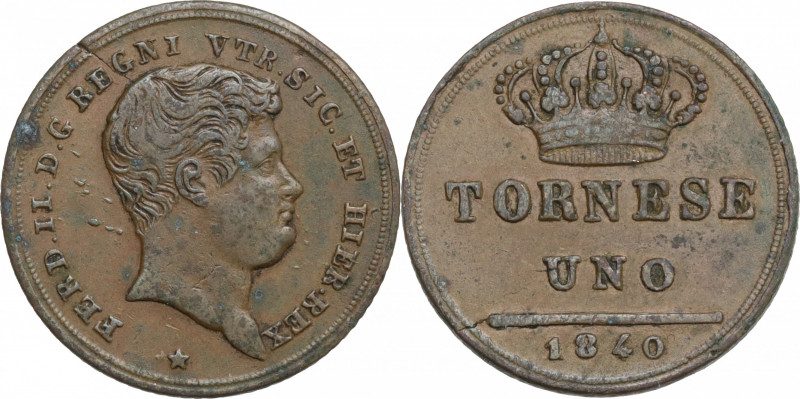 Italy, Napoli. Ferdinando II di Borbone (1830-1859). Æ 1 Tornese 1840 (19mm, 3.0...