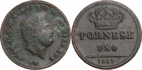 Italy, Napoli. Ferdinando II di Borbone (1830-1859). Æ 1 Tornese 1851 (19mm, 3.00g). Good Fine