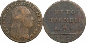 Italy, Napoli. Ferdinando IV di Borbone (1759-1816). Æ 8 Tornesi 1797 (31.5mm, 13.40g). Good Fine