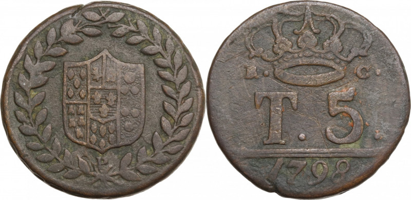 Italy, Napoli. Ferdinando IV di Borbone (1759-1816). Æ 5 Tornesi 1798 (26mm, 13....