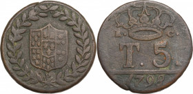 Italy, Napoli. Ferdinando IV di Borbone (1759-1816). Æ 5 Tornesi 1798 (26mm, 13.40g). Good Fine - near VF