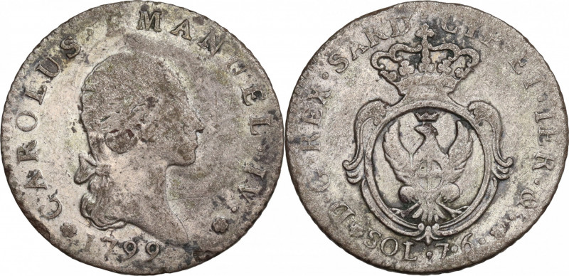 Italy, Savoia. Carlo Emanuele IV (1798-1800). BI 7.6 Soldi 1799 (25mm, 4.00g). G...