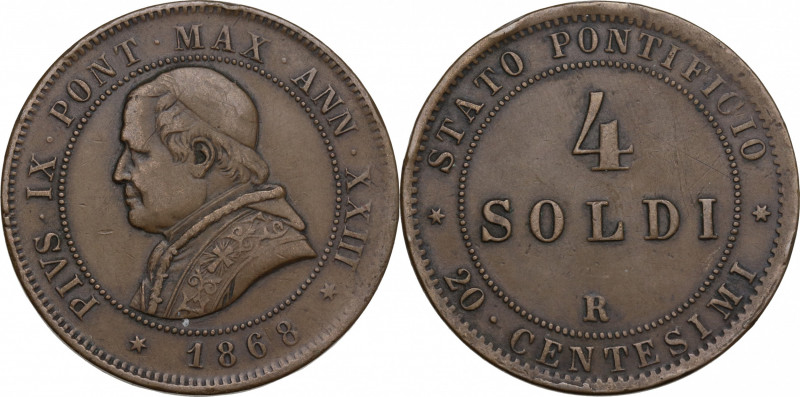 Italy, Papal States. Rome. Pio IX (1846-1878). Æ 4 Soldi – 20 Centesimi 1868 (35...