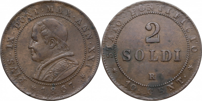 Italy, Papal States. Rome. Pio IX (1846-1878). Æ 2 Soldi 1867 (32.5mm, 10.00g). ...