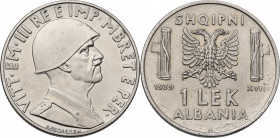 Albania, Vittorio Emanuele III (1939-1943). 1 Lek 1939 (27mm, 7.70g). Good VF