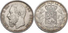 Belgium. Leopold II (1865-1878). AR 5 Francs 1869 (37mm, 25.00g). VF