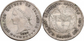 Colombia, 50 Centavos 1884 (30.5mm, 12.40g). Near VF