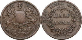 India, East India Company. Æ Half Anna 1835 (30mm, 12.80g). VF