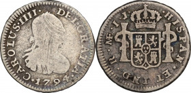 Perù, Carlos IV (1788-1808). AR 1/2 Real 1794 (16.5mm, 1.40g). Good Fine