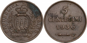 San Marino. 5 Centesimi 1936 (19.5mm, 3.20g). Good VF