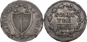 Switzerland, Ticino. 3 Soldi 1835 (19.5mm, 1.70g). VF