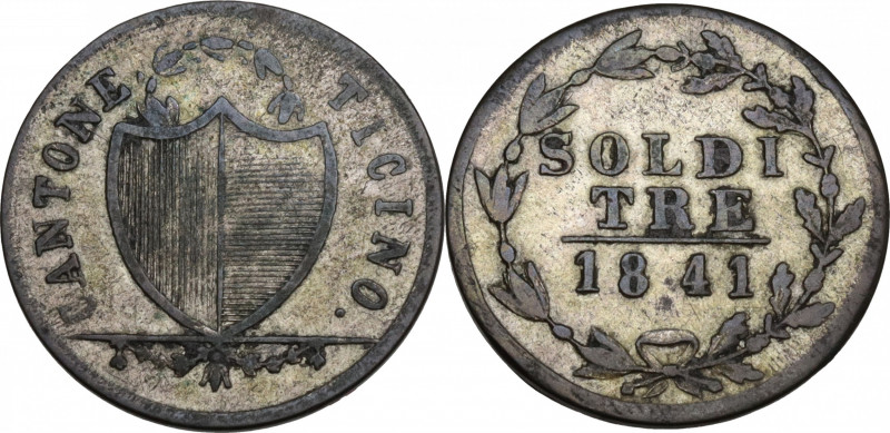 Switzerland, Ticino. 3 Soldi 1841 (18.5mm, 1.80g). Near VF