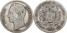 Venezuela, 5 Bolivares 1936 (37mm, 24.20g). Good Fine