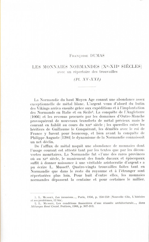 Dumas F., Les monnaies normandes (X-XII siecles) avec un repertoire des trouvail...