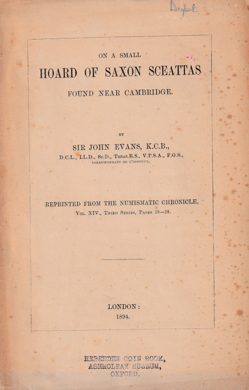 Evans J., On a small hoard of Saxon sceattas found near Cambridge. Reprinted fro...