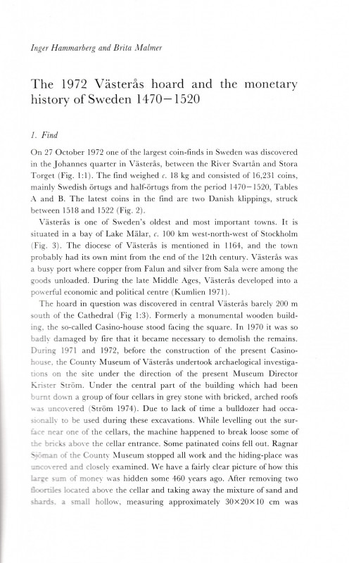 Hammarberg I. and Malmer B., The 1972 Vasteras hoard and the monetary history of...