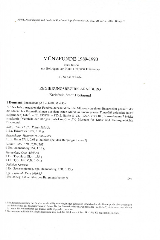 Ilisch P., Munzfunde 1989-1990. Reprinted from "Ausgrabungen und Funde in Westfa...