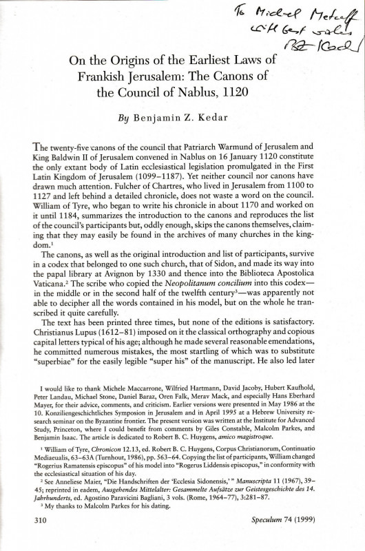 Kedar B. Z., On the Origins of the Earliest Laws of Frankish Jerusalem: The Cano...