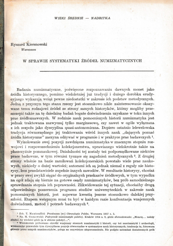 Kiersnowski R., W Sprawie Systematyki zrodel numizmatycznych. Reprinted from "Wi...