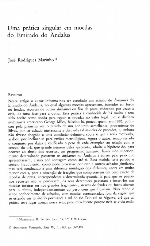 Marinho J. R., Uma pratica singular em moedas do Emirado do Andalus. Reprinted f...