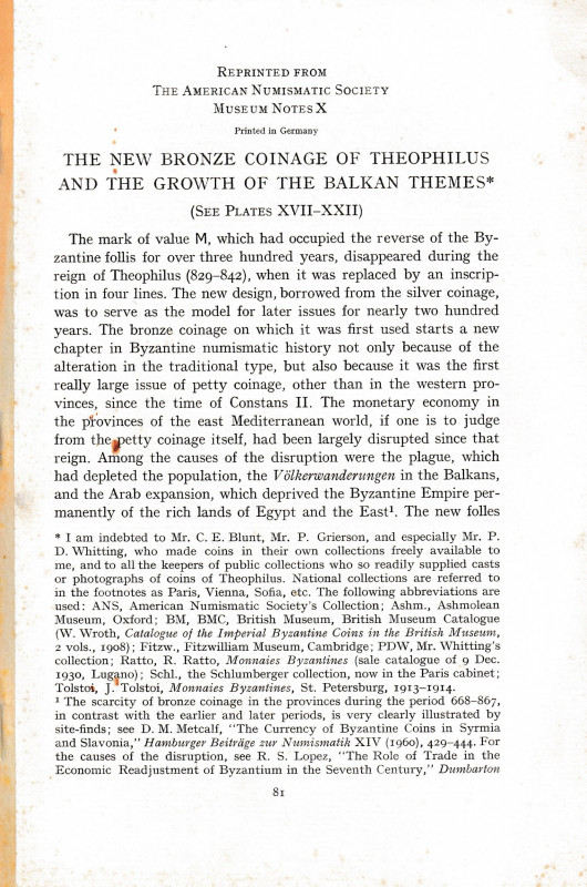 Metcalf D. M., the new bronze coinage of theophilus and the growth of the balkan...