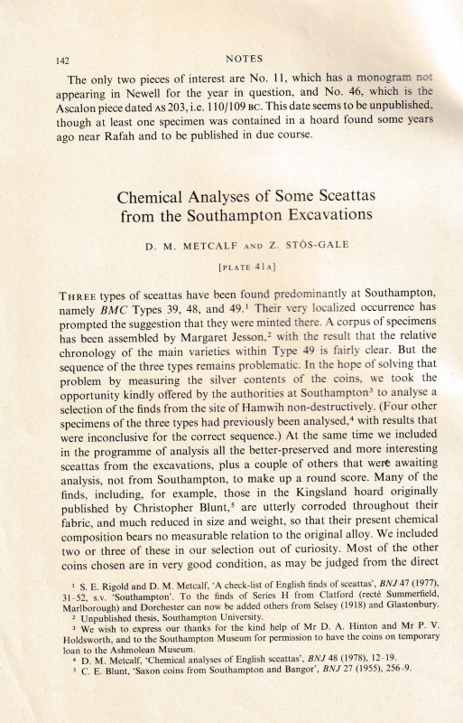 Metcalf D. M. and Stos-Gale Z., Chemical Analyses of Some Sceattas from the Sout...