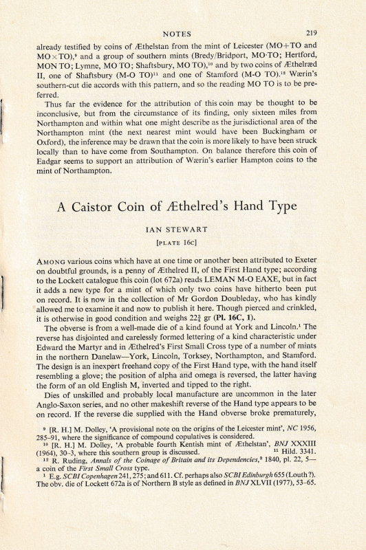 Stewart I., A Caistor Coin of Æthelred's Hand Type. Reprinted from "The Numismat...