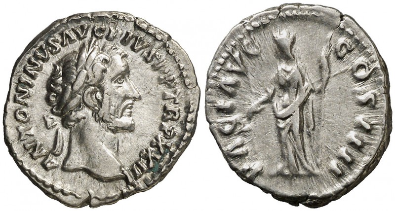 (159-160 d.C.). Antonino pío. Denario. (Spink 4094) (S. 573) (RIC. 301). 3,32 g....