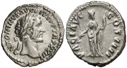 (159-160 d.C.). Antonino pío. Denario. (Spink 4094) (S. 573) (RIC. 301). 3,32 g. MBC+/MBC.