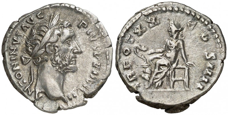(156-157 d.C.). Antonino pío. Denario. (Spink 4126 var) (S. 1023) (RIC. 264). 3,...