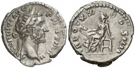 (156-157 d.C.). Antonino pío. Denario. (Spink 4126 var) (S. 1023) (RIC. 264). 3,25 g. MBC+.