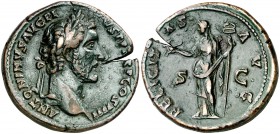 (147 d.C.). Antonino pío. Sestercio. (Spink 4174) (Co. 363) (RIC. 770). 25,72 g. Fuerte grieta. (MBC+).