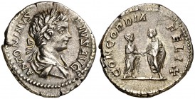 (202 d.C.). Caracalla. Denario. (Spink 6794) (S. 23) (RIC. 124a). 3,05 g. MBC+.