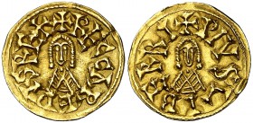 Recaredo I (586-601). Eliberri (Granada). Triente. (CNV. 67.7) (R.Pliego 102). 1,42 g. Doblada y reparada. Escasa. MBC+.