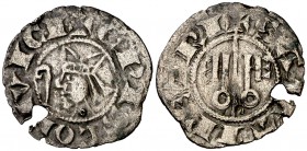 Bernat de Mur (1244-1264). Vic. Diner. (Cru.V.S. 45) (Cru.C.G. 1860). 0,71 g. Pequeño defecto de cospel e intento de perforación. Muy rara. (MBC-).