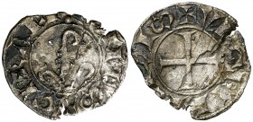 Guerau de Cabrera (1208-1209/1212-1228). Agramunt. Diner. (Cru.V.S. 123) (Cru.C.G. 1939). 0,62 g. Cospel faltado. Grieta. Agujerito. Rara. (BC+).