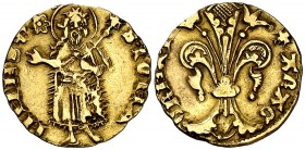 Pere III (1336-1387). Perpinyà. Mig florí. (Cru.V.S. 385) (Cru.C.G. 2213). 1,70 g. Marca: Rosa de anillos. MBC+.