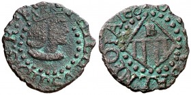 160 (sic). Felipe III. Banyoles. 1 diner. (Cru.C.G. 3657a var) (Cru.L. 1056.2 var). 0,56 g. Ordinal del rey visible. Rara. MBC/MBC+.