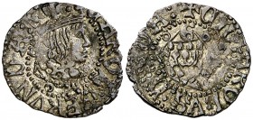 s/d. Carlos I. Girona. 1 diner. (Cal. 59) (Cru.C.G. 3735). 0,62 g. El anverso acuñado sobre el reverso y viceversa. Con el nombre del rey en las dos c...