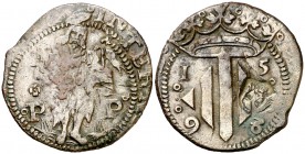 1598. Felipe II. Perpinyà. Doble sou. (Cal. 839) (Cru.C.G. 3806a). 2,83 g. Contramarca: cabeza de San Juan, realizada en 1603. MBC-.