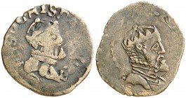 s/d. Felipe II. Amberes. 1 corta. (Vti. 401 a 405) (Vanhoudt tipo 259.AN ó 278.AN). Lote de 2 monedas, coronas y bustos distintos. MBC-/MBC.