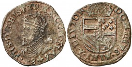 1589. Felipe II. Brujas. 1 liard. (Vti. 588) (Vanhoudt 321.BG). 4,96 g. MBC.