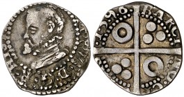 1596. Felipe II. Barcelona. 1/2 croat. (Cal. 699 var) (Cru.C.G. 4247h). 1,15 g. Algo recortada. Rara. (MBC-).