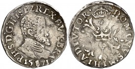 1571. Felipe II. Amberes. 1/10 de escudo Felipe. (Vti. falta) (Vanhoudt 308.AN). 3,23 g. MBC-.
