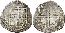 1591/0. Felipe II. Sevilla. H. 2 reales. (Cal. 543 var). 6,89 g. Escudo entre S//H y fecha en vertical. Escasa. MBC-.