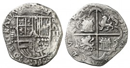 s/d. Felipe II. Valladolid. . 2 reales. (Cal. 591). 6,37 g. Armas de Flandes y Tirol intercambiadas. Escasa. MBC-.